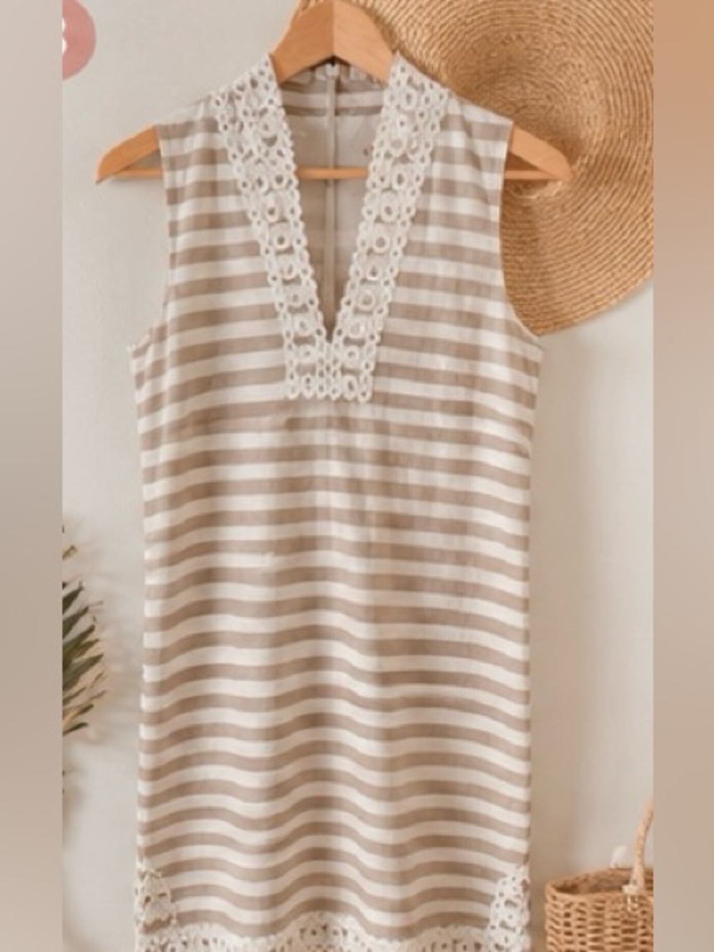 Eliza J Beige & White Striped Sleeveless Dress